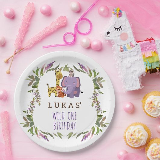 Sweet Oerwoud Safari Animal 1st Birthday Papieren Bordje (Feest)