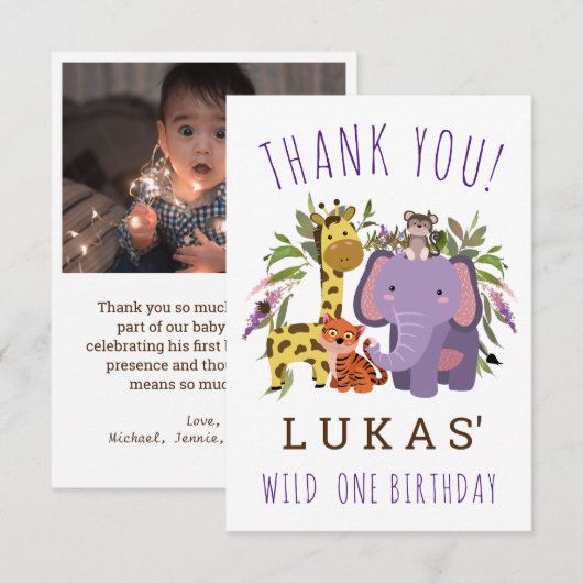 Sweet Oerwoud Safari Animal 1st Birthday Party Bedankkaart (Voorkant / Achterkant)