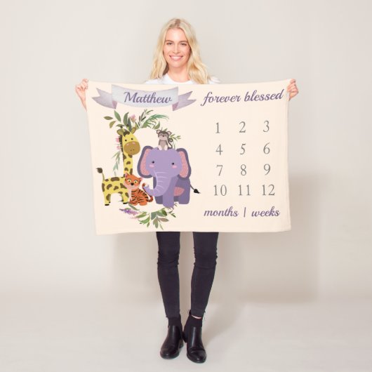 Sweet Oerwoud Safari Animals Baby Boy Milestone Fleece Deken (In situ)