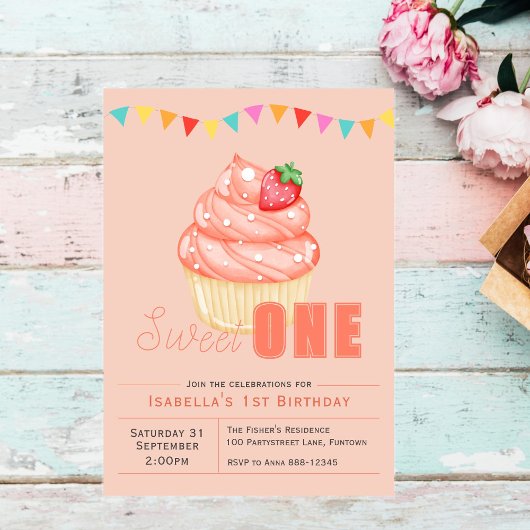 Sweet ONE, 1e verjaardagsfeestje cupcake uitnodigi Kaart