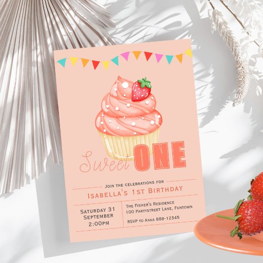 Sweet ONE, 1e verjaardagsfeestje cupcake uitnodigi Kaart