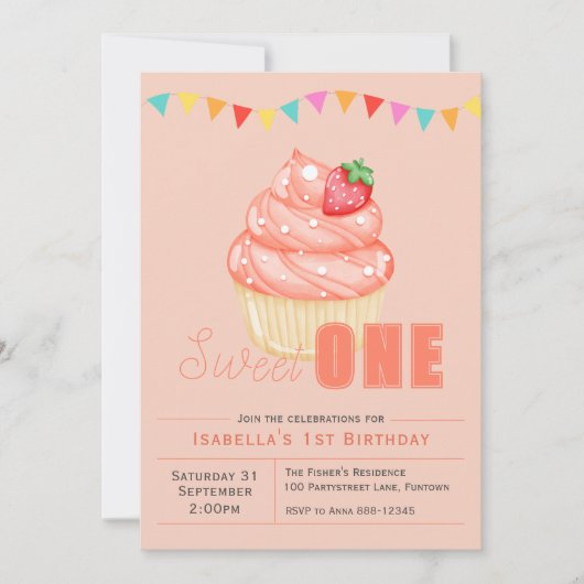 Sweet ONE, 1e verjaardagsfeestje cupcake uitnodigi Kaart (Voorkant)