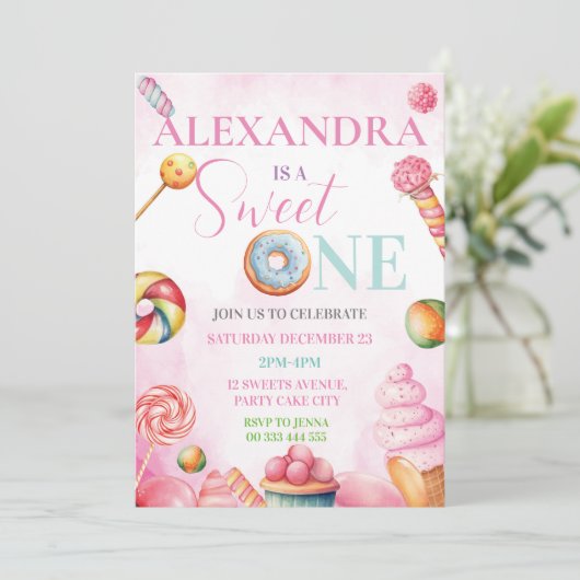 Sweet One 1e Verjaardagsuitnodiging voor Meisjes S Kaart (Staand voorkant)