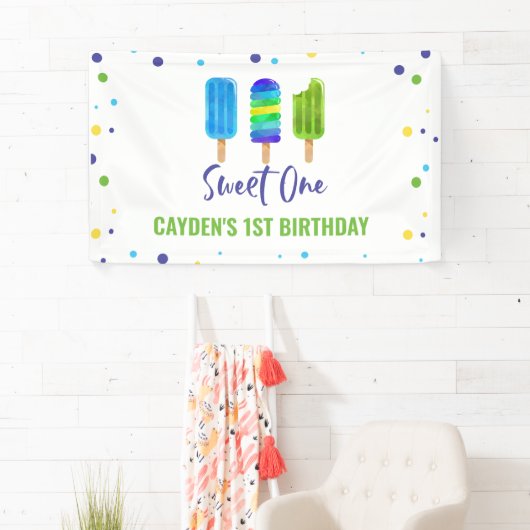 Sweet One 1st Birthday Ice Pop Blauw Groen Spandoek (Insitu)
