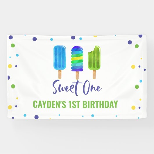 Sweet One 1st Birthday Ice Pop Blauw Groen Spandoek (Horizontaal)
