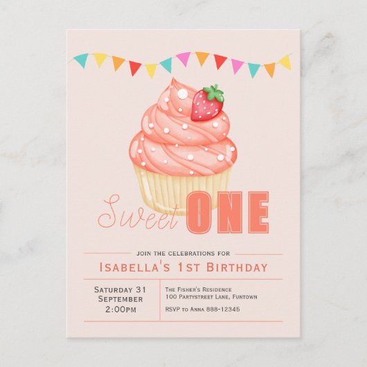 Sweet ONE 1st verjaardagsmeisje Uitnodiging Briefk (Voorkant)