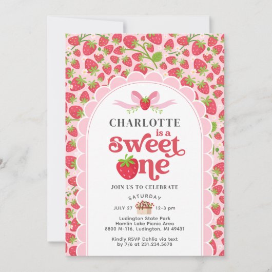 Sweet One Aardbei 1e Verjaardag uitnodiging (Voorkant)