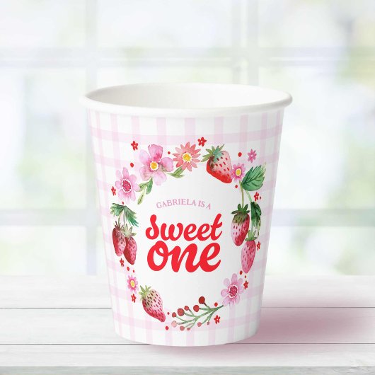 Sweet One Aardbei Eerste Verjaardag Pink Plaid Papieren Bekers