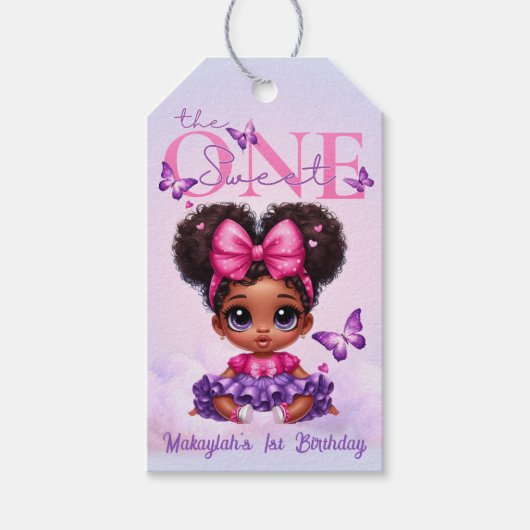 Sweet ONE Afro Puff Baby Meisje Paarse 1e Verjaard Cadeaulabel (Voorkant)
