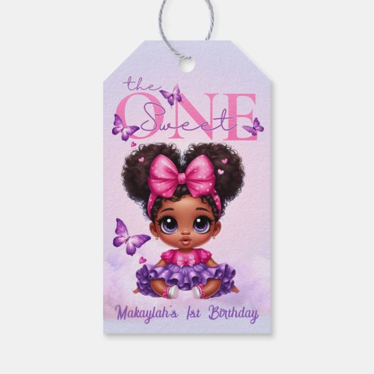 Sweet ONE Afro Puff Baby Meisje Paarse 1e Verjaard Cadeaulabel (Achterkant)