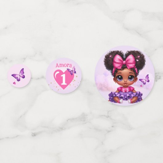 Sweet ONE Afro Puff Baby Meisje Paarse 1e Verjaard Confetti (Voorkanten)