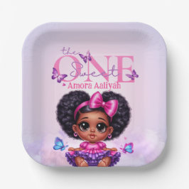 Sweet ONE Afro Puff Baby Meisje Paarse 1e Verjaard Papieren Bordje