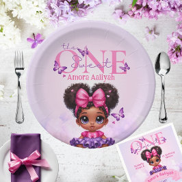 Sweet ONE Afro Puff Baby Meisje Paarse 1e Verjaard Papieren Bordje