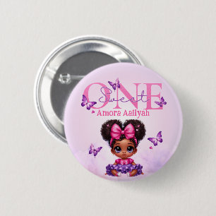 Sweet ONE Afro Puff Baby Meisje Paarse 1e Verjaard Ronde Button 5,7 Cm