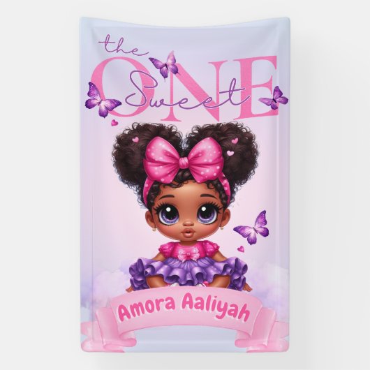Sweet ONE Afro Puff Baby Meisje Paarse 1e Verjaard Spandoek (Verticaal)
