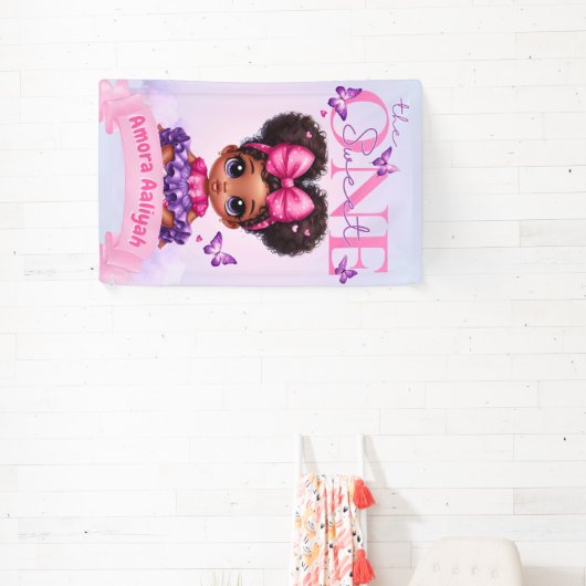 Sweet ONE Afro Puff Baby Meisje Paarse 1e Verjaard Spandoek (Insitu)