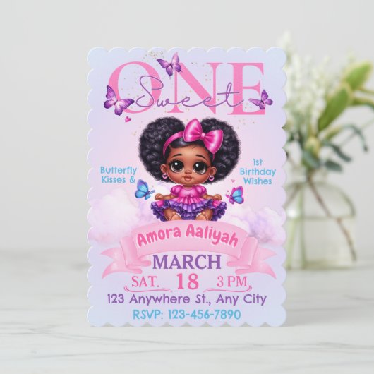 Sweet ONE Afro Puff Girl 1st Birthday Butterfly Kaart (Staand voorkant)