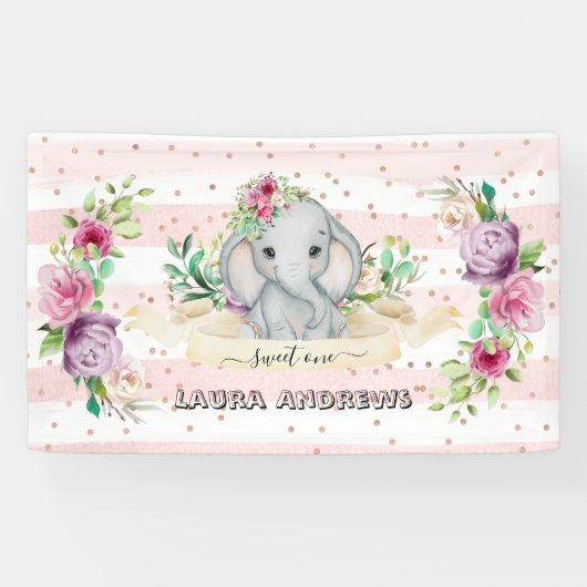 Sweet One Baby Elephant and Flowers 1st Birthday Spandoek (Horizontaal)