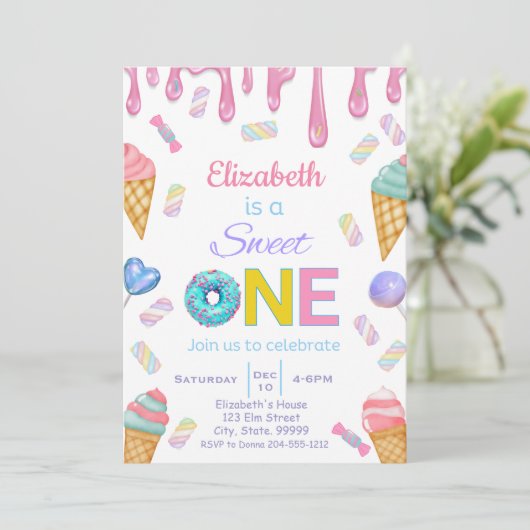 Sweet One Baby Girl 1e verjaardag Uitnodiging (Staand voorkant)