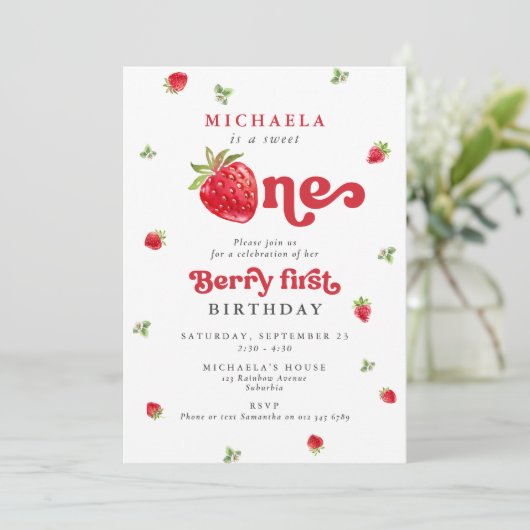 Sweet One Berry Eerste Verjaardag Aardbei Gingham Kaart (Staand voorkant)