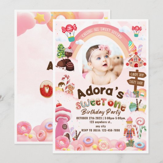 Sweet One Birthday Donuts Verjaardag Uitnodiging (Voorkant / Achterkant)