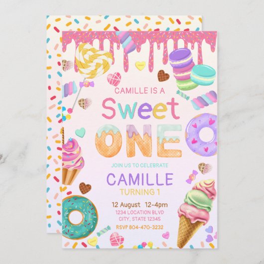 Sweet One Birthday Girl uitnodiging (Voorkant / Achterkant)