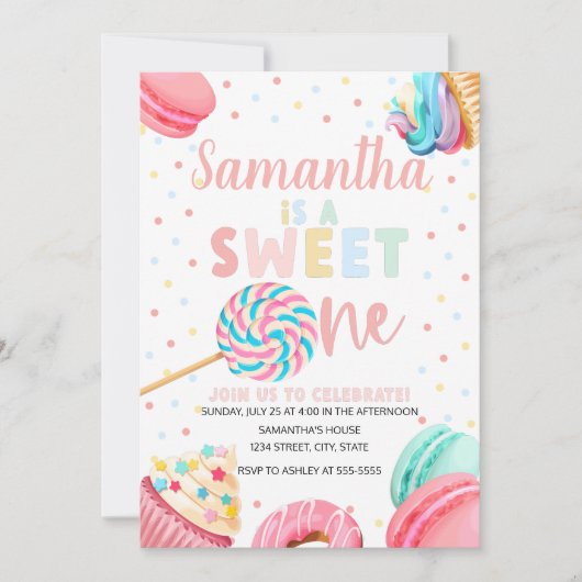 Sweet One Birthday Invitation, pasteelzoet Invi Kaart (Voorkant)