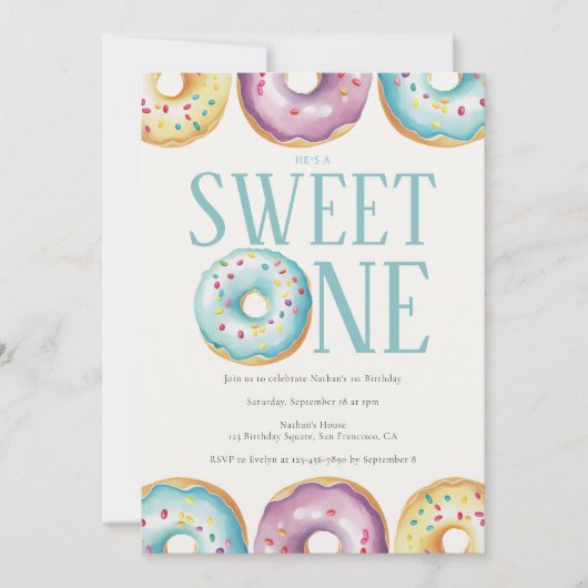 Sweet One Blue 1st Birthday Party Invitation Kaart (Voorkant)
