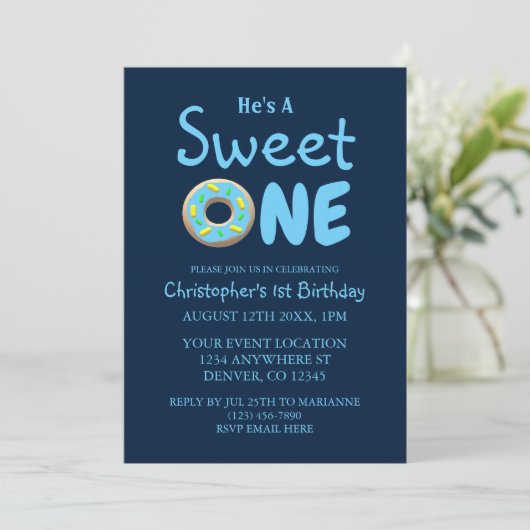 Sweet One Blue Donut Boy 1st Birthday Kaart (Staand voorkant)