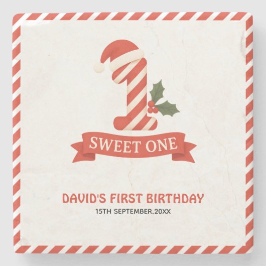 Sweet One Christmas Eerste Verjaardag Uitnodiging Stenen Onderzetter (Voorkant)