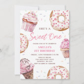 Sweet One Cupcake & Donuts 1e verjaardag uitnodigi Kaart (Voorkant)