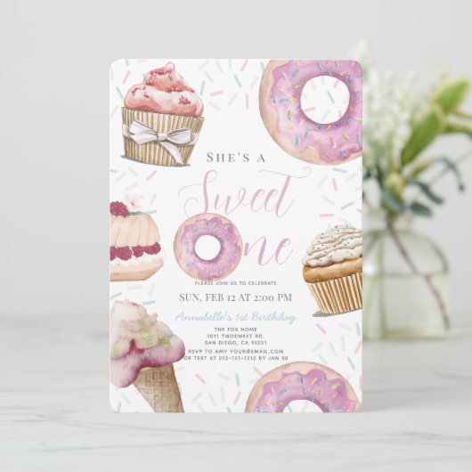 Sweet One Cupcake & Donuts Meisje 1e verjaardag Kaart (Staand voorkant)