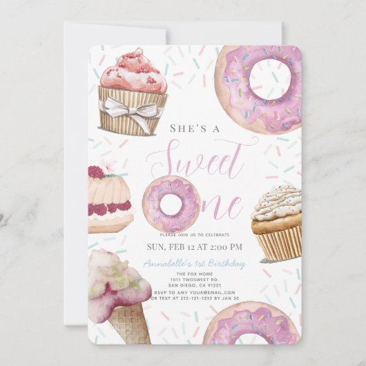 Sweet One Cupcake & Donuts Meisje 1e verjaardag Kaart (Voorkant)