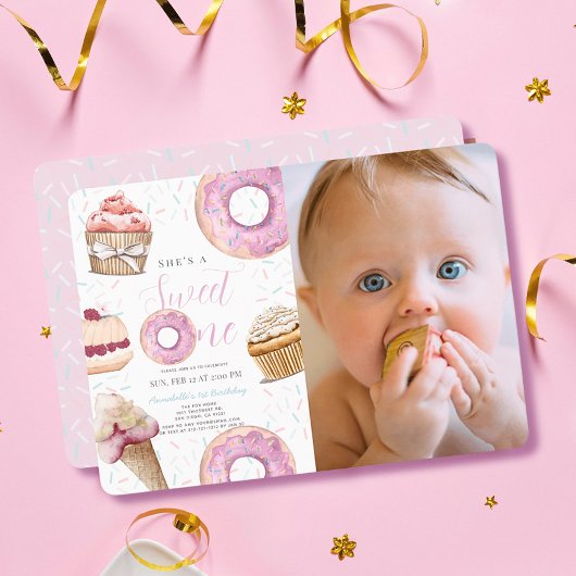 Sweet One Cupcake & Donuts Meisje Foto 1e verjaard Kaart
