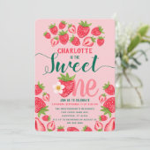 Sweet One Cute Pink Strawberry 1st Birthday Party Kaart (Staand voorkant)