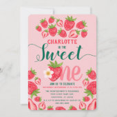 Sweet One Cute Pink Strawberry 1st Birthday Party Kaart (Voorkant)
