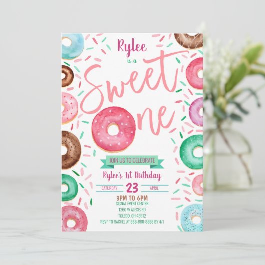 Sweet One Donut 1st Birthday Party Invitation Kaart (Staand voorkant)