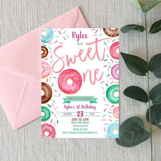 Sweet One Donut 1st Birthday Party Invitation Kaart