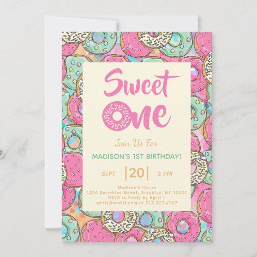 Sweet One Donut 1st Birthday Party Invitation Kaart (Voorkant)