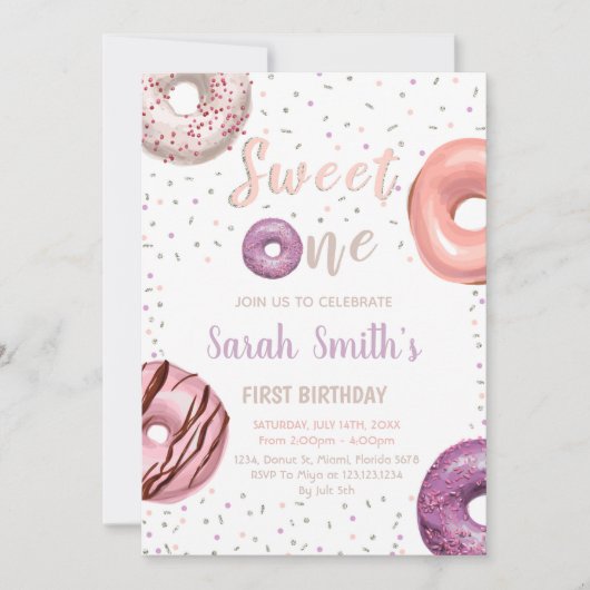 Sweet One Donut Birthday-uitnodigingen Kaart (Voorkant)