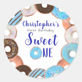Sweet One Donut Blue Boy Eerste Verjaardagsfeest Ronde Sticker (Voorkant)