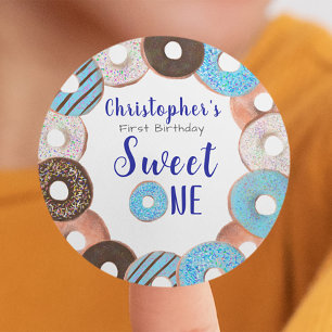 Sweet One Donut Blue Boy Eerste Verjaardagsfeest Ronde Sticker