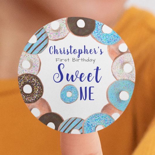 Sweet One Donut Blue Boy Eerste Verjaardagsfeest Ronde Sticker