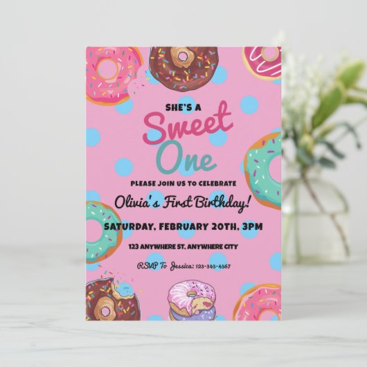 Sweet One Donut First Birthday Party Kaart (Staand voorkant)