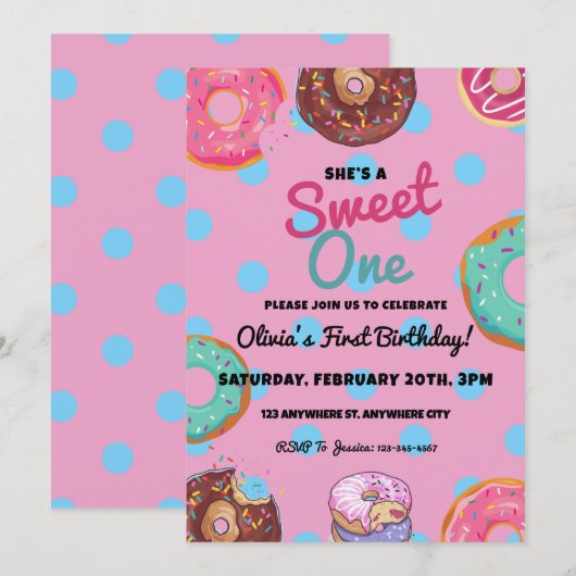 Sweet One Donut First Birthday Party Kaart (Voorkant / Achterkant)