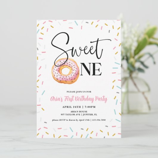 Sweet One Donut First Birthday Party Kaart (Staand voorkant)
