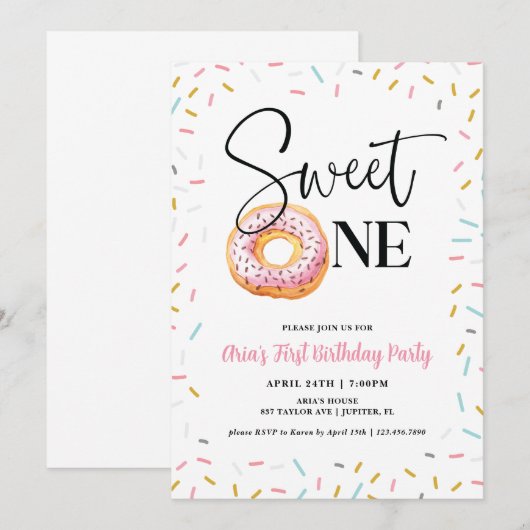 Sweet One Donut First Birthday Party Kaart (Voorkant / Achterkant)