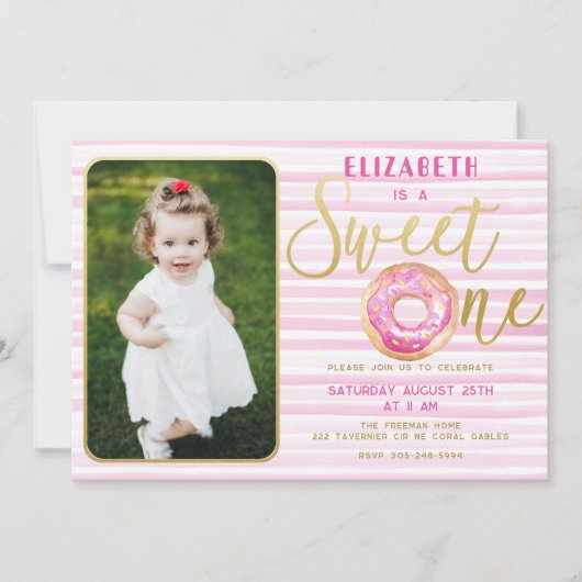 Sweet One Donut Fotomeisje 1e verjaardag Uitnodigi Notitiekaartje (Voorkant)