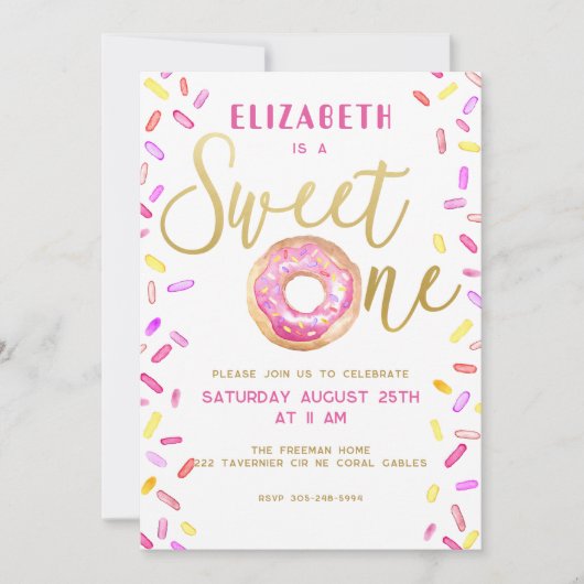 Sweet One Donut Girl 1st Birthday Party Roze Kaart (Voorkant)