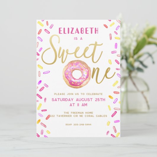 Sweet One Donut Girl 1st Birthday Party Roze Kaart (Staand voorkant)